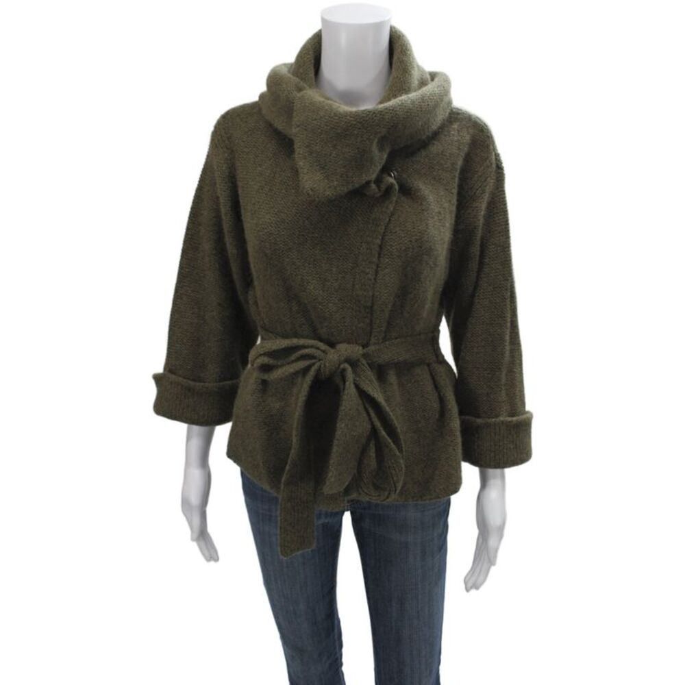Marc By Marc Jacobs Women Green Wool Coatigan Mock Neck 3/4 Sleeve Size S